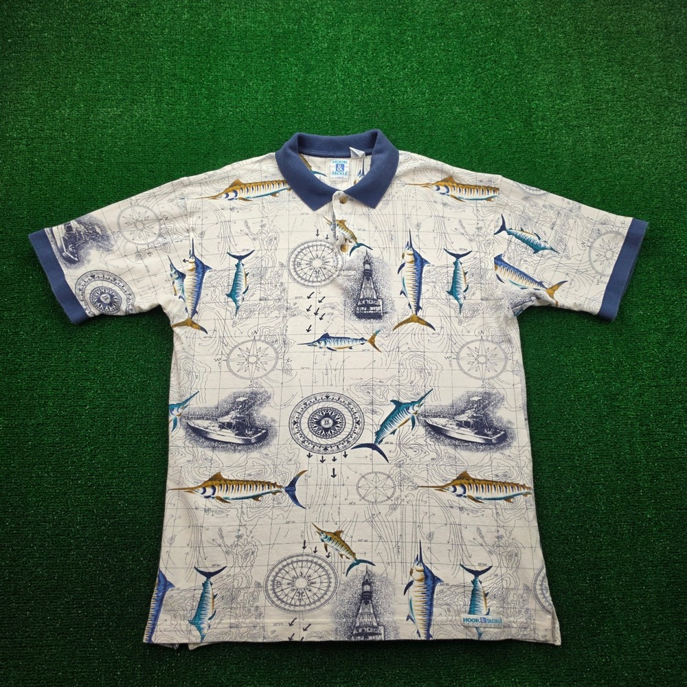 Hook & Tackle Outfitters Polo‎ Shirt Mens Large Marlin Nautical Fishing AOP